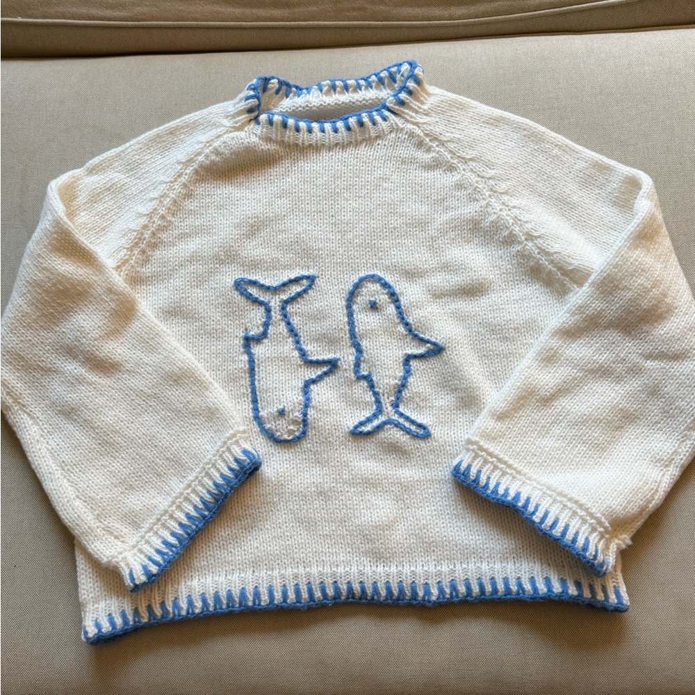 White and Blue Women's Sweater with Fish Design